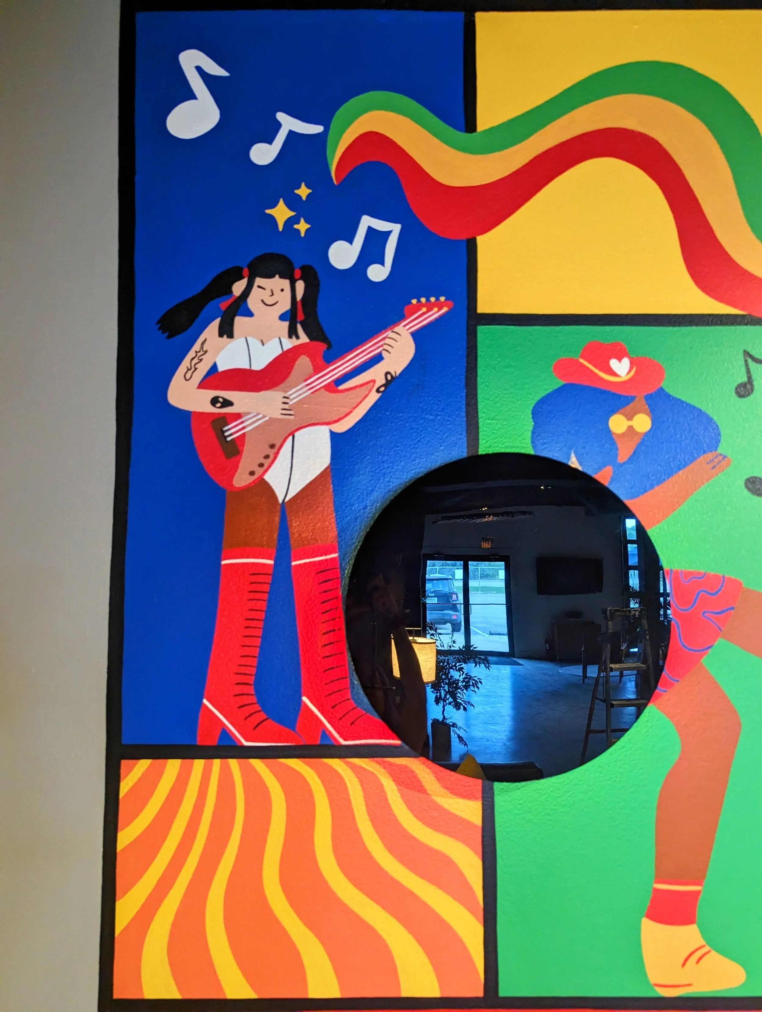 Centex Auto Title office mural in Austin featuring a musician, cityscape, rainbow, and bold graphic shapes.