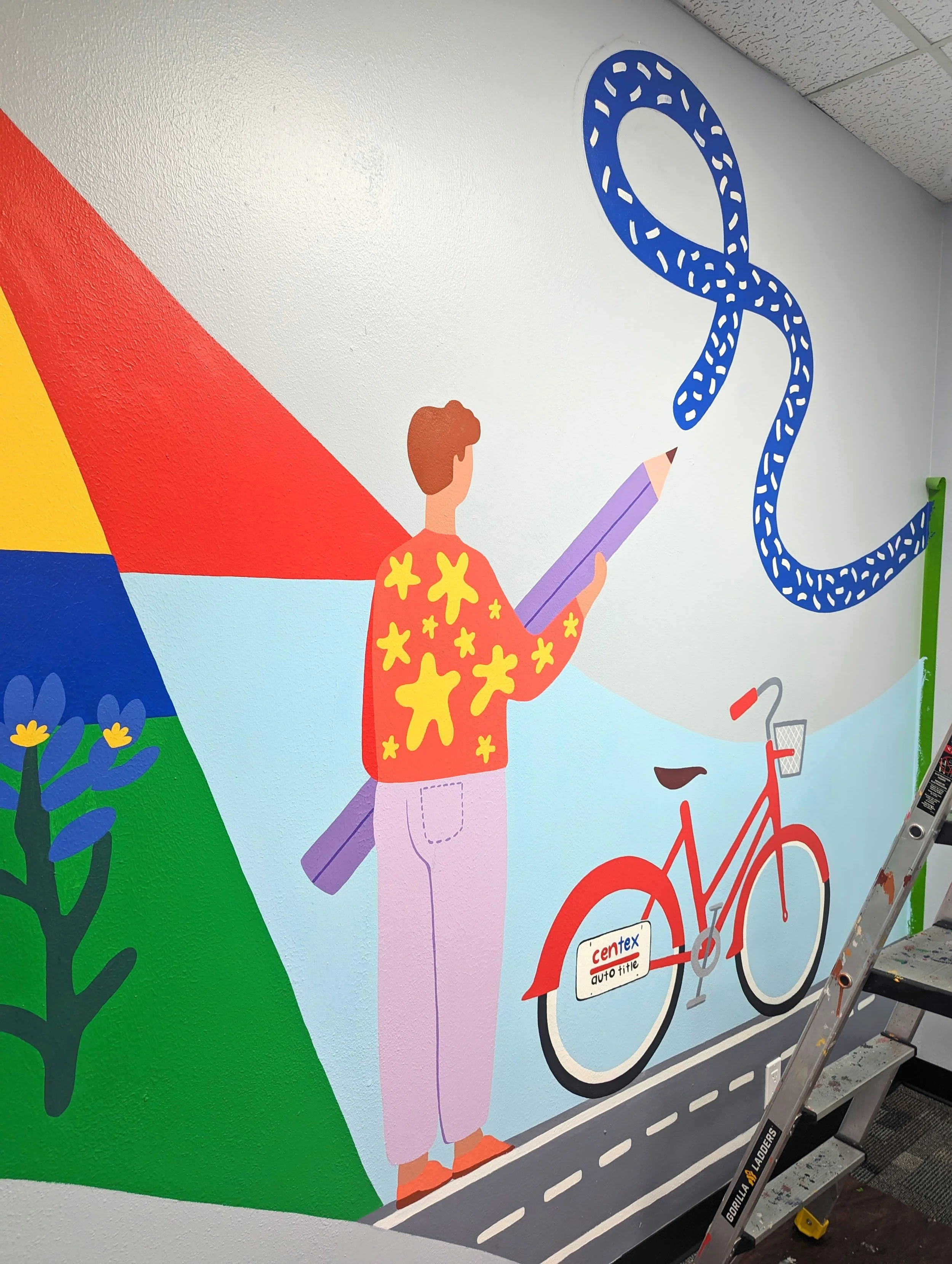 Colorful mural for Centex Auto Title, depicting an Austin city skyline with tall buildings, a person playing a guitar with musical notes, a rainbow stretching across the sky, a mountain, clouds, and trees.