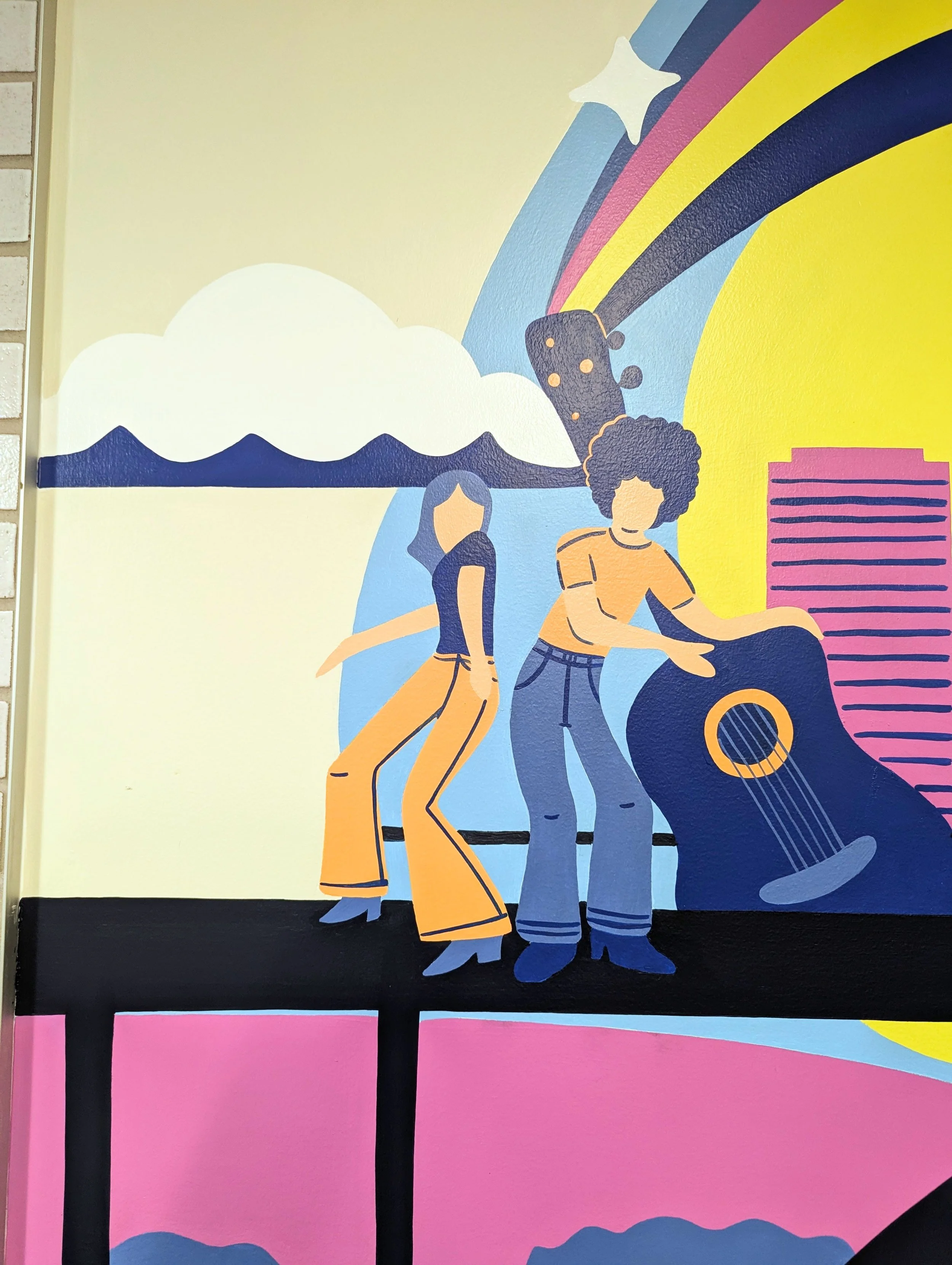 LogicMonitor office mural in downtown Austin featuring illustrated musicians, a guitar, rainbow, and Austin-inspired imagery in the company's brand colors.