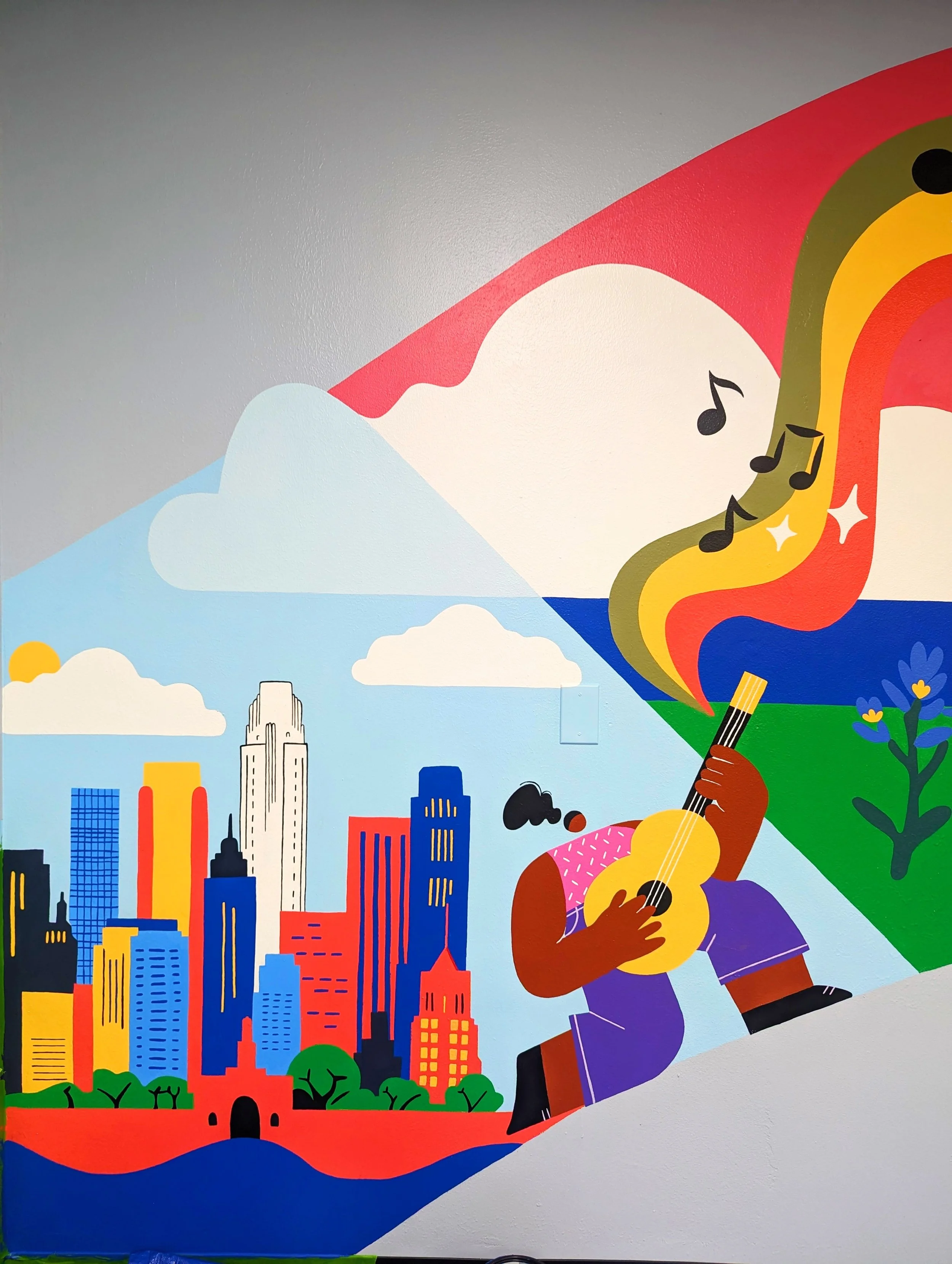 Centex Auto Title office mural in Austin featuring the city skyline, a musician, rainbow, mountains, and Texas-inspired imagery.