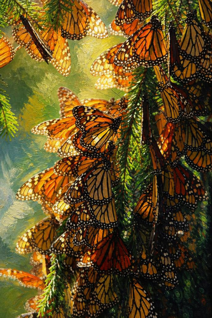 Painting of over 50 monarchs sitting on one tree trunk