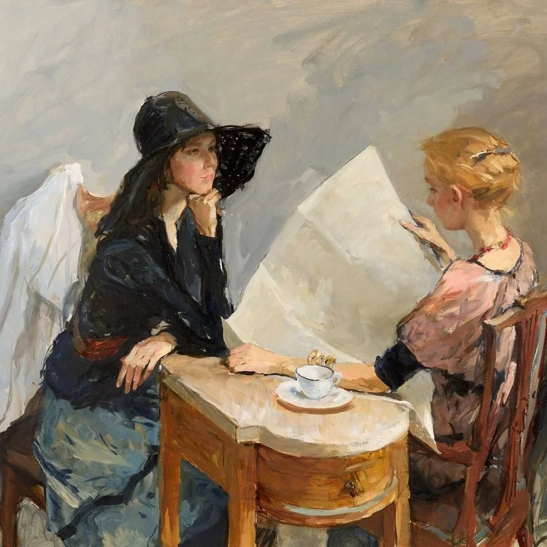 Painting of two women sitting across from each other at a cafe