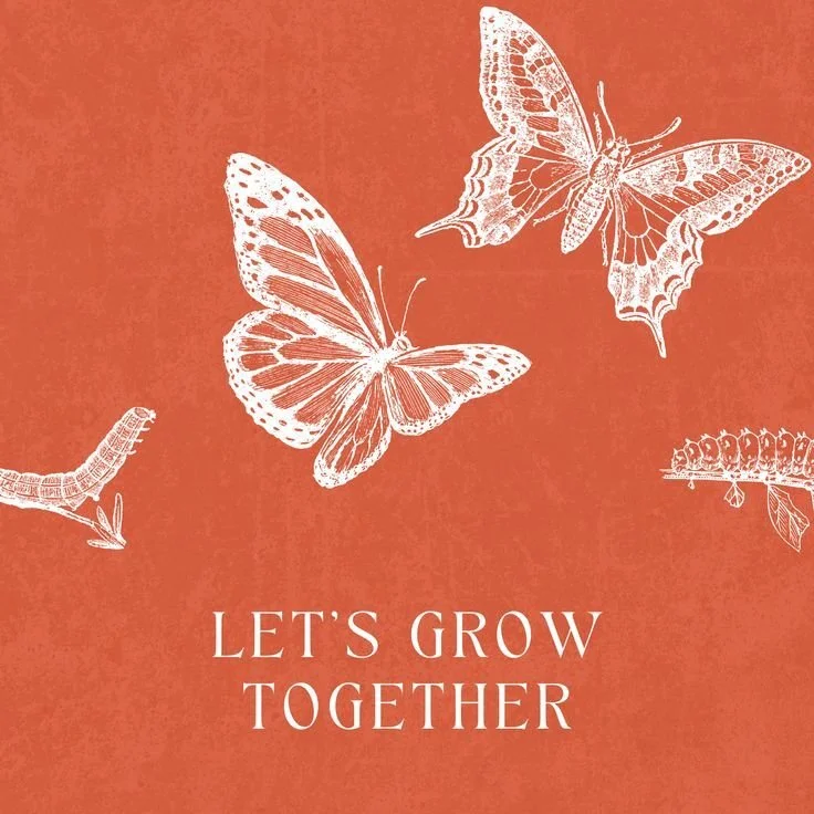 White line art image of caterpillars and butterflies with the text, "Let's Grow Together" beneath it with a pumpkin orange background
