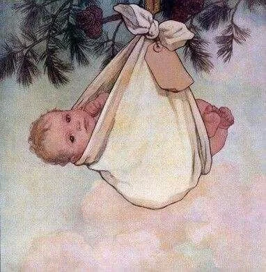 painting of baby in sling like a stork is delivering baby