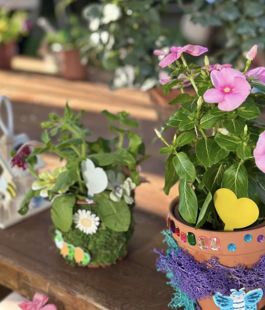Two flower pots with blooming flowers on a wooden surface, decorated with colorful stickers and craft materials, in a garden setting. kids soiree craft activity parties