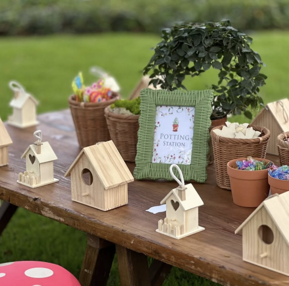 Wooden birdhouses, baskets of decorative eggs, and a plant on a wooden table at a potting station outdoor event. kids soiree craft activity parties