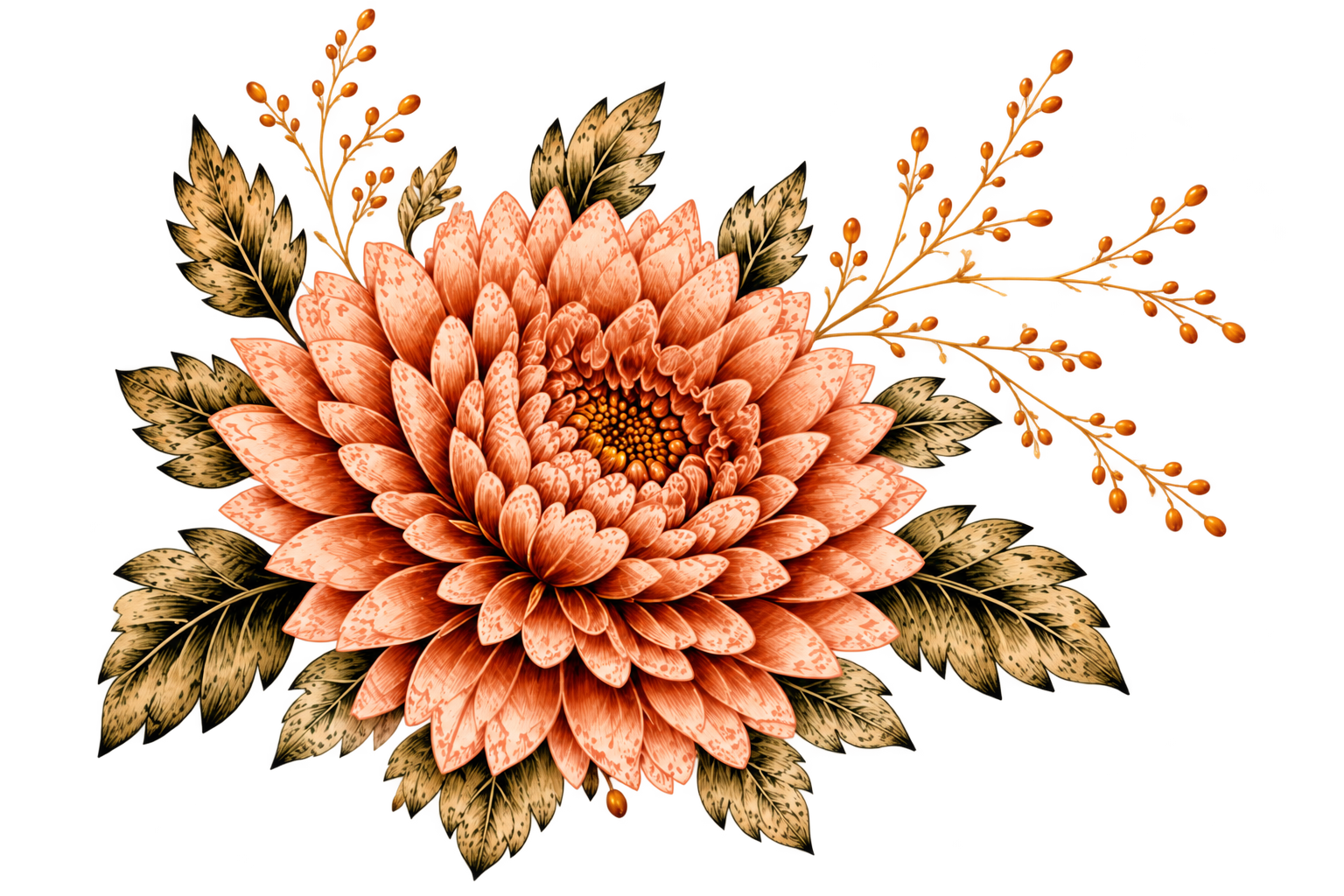 An illustrated pink and peach chrysanthemum flower with detailed petals, surrounded by green and beige leaves and decorated with orange berries on golden branches.