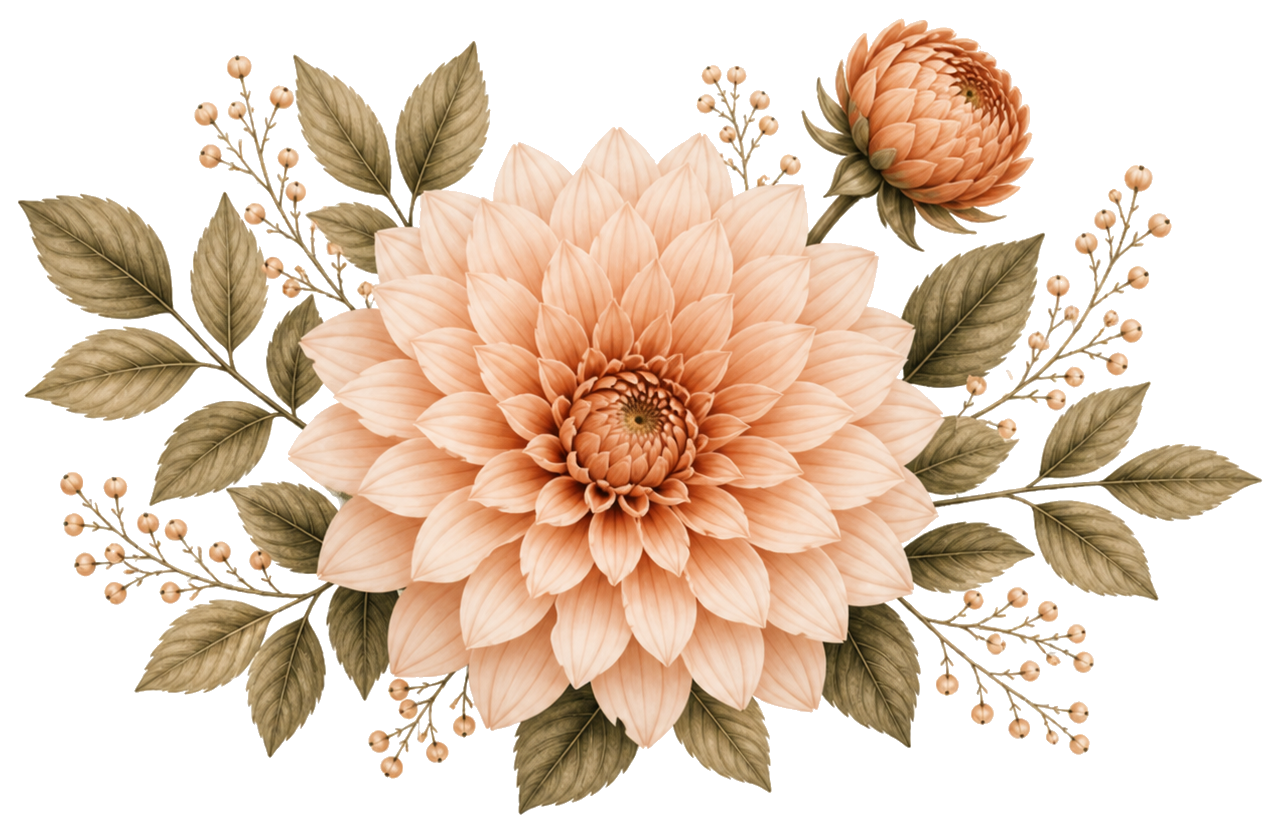 A large peach-colored dahlia flower with detailed petals, surrounded by smaller buds, green leaves, and delicate sprigs of berries.