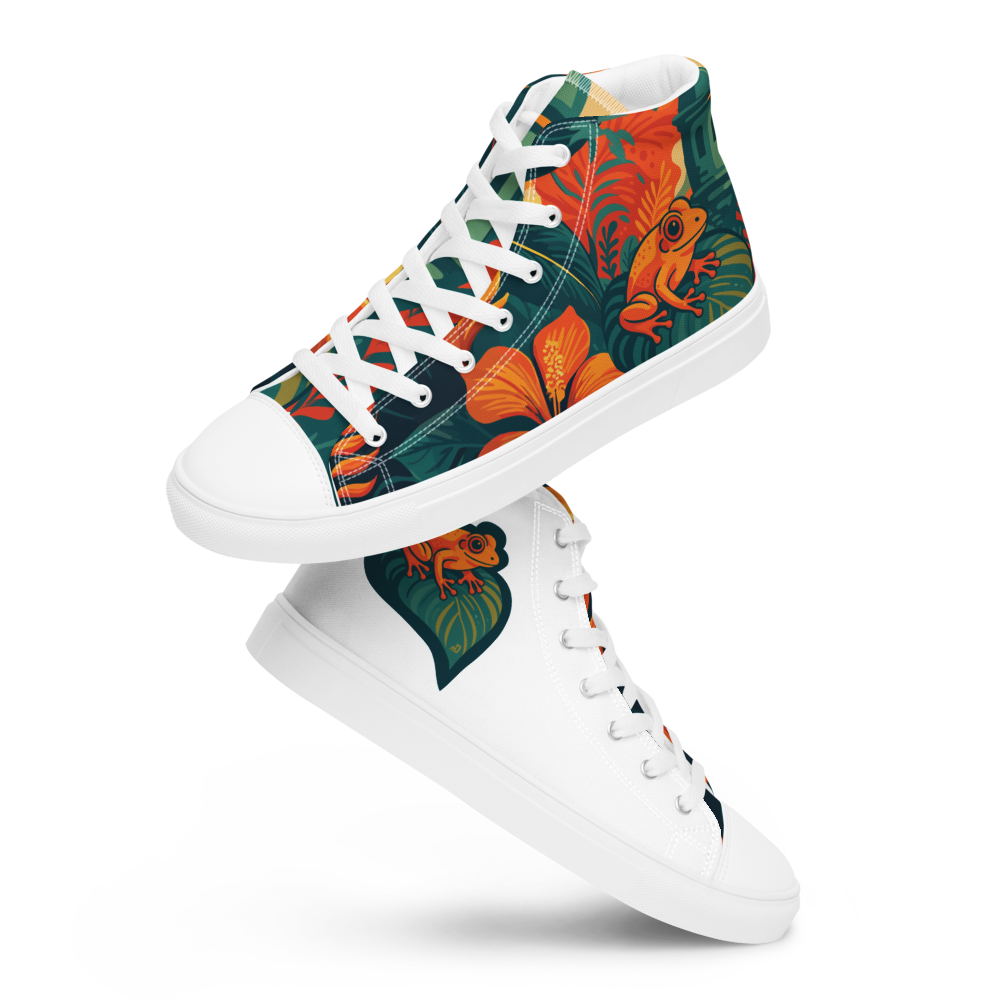 Pair of high-top sneakers with tropical floral and frog design, one shoe shows a whole design and the other shows a partial design with a frog resting on a leaf.
