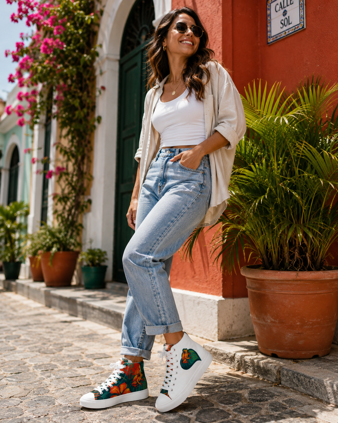 A woman smiling, wearing sunglasses, a white t-shirt, a beige open shirt, high-waisted jeans, and floral sneakers, standing on a cobblestone street next to colorful buildings and potted plants.