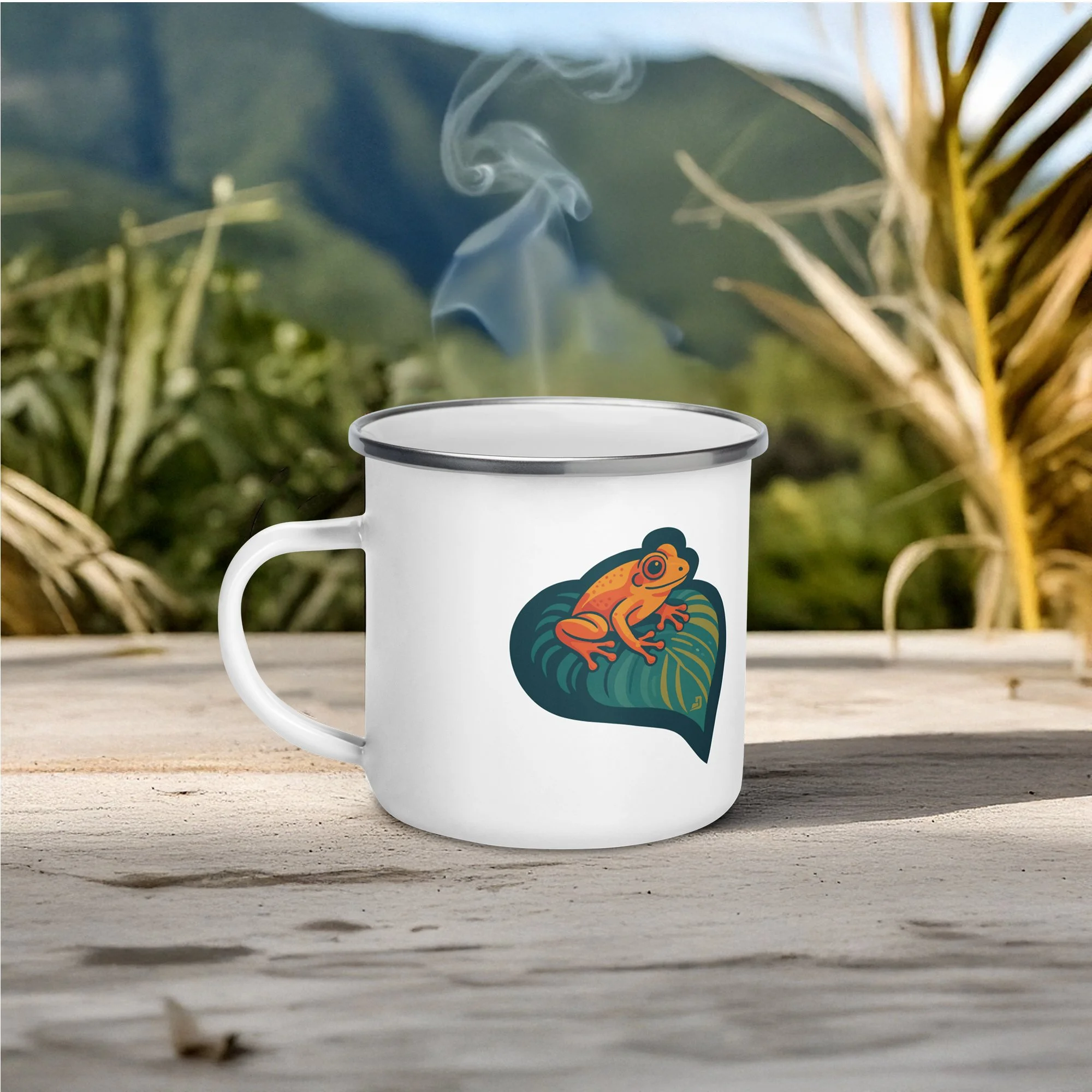 A white ceramic mug with a lizard graphic on it, sitting on a wooden surface with plants in the background.