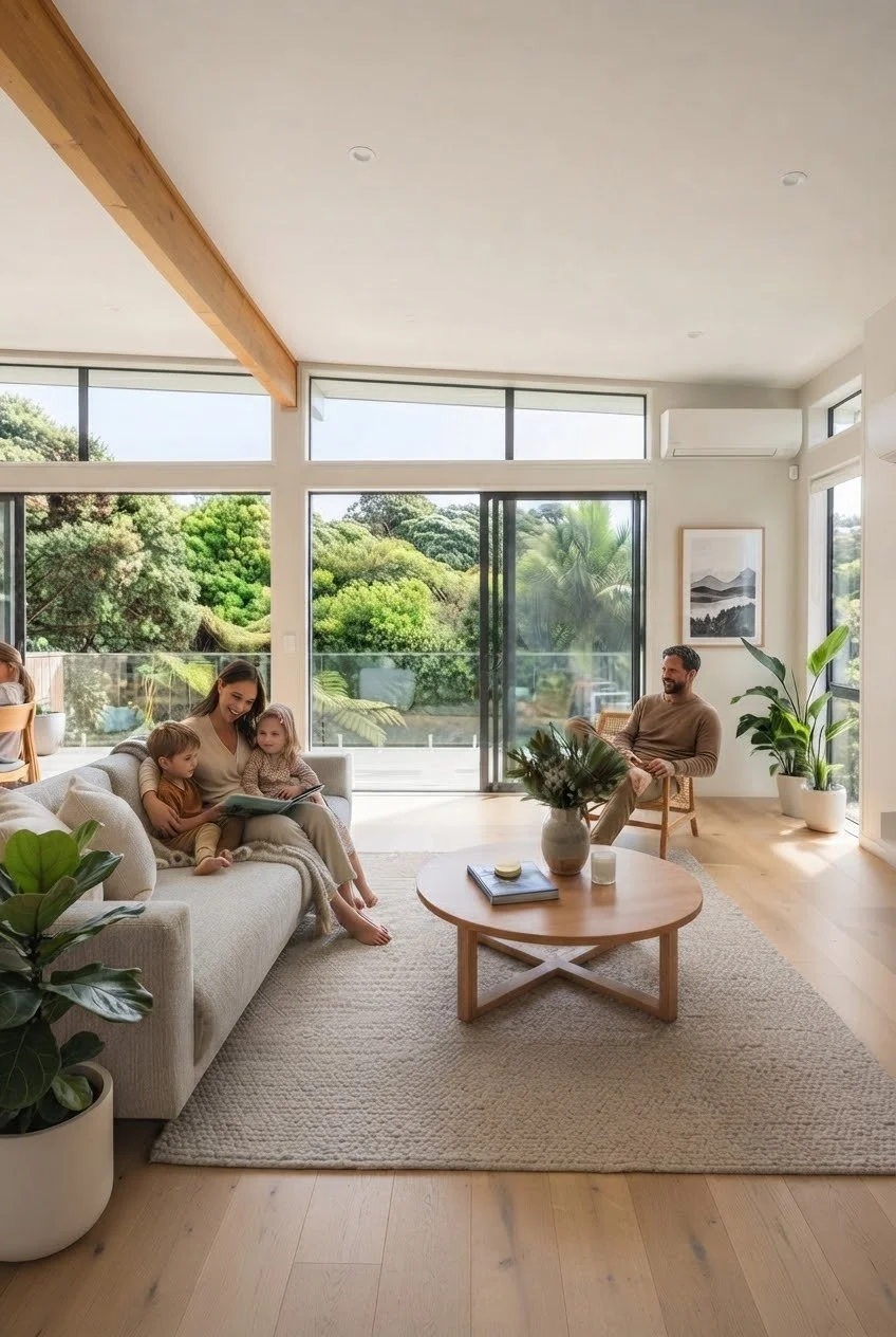 An Auckland family enjoying a comfortable indoor temperature with a high-performance heat pump system