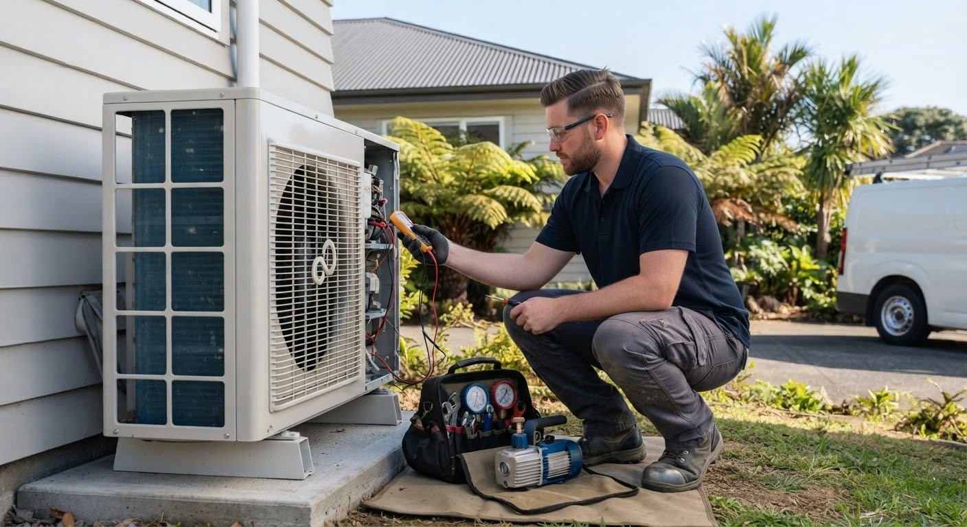 Aircon Limited technician installing and servicing an outdoor heat pump unit in Auckland