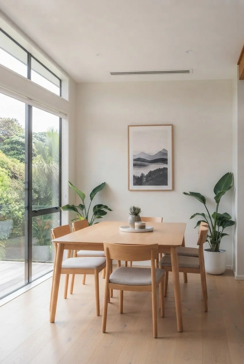 Modern Auckland home with energy-efficient heat pump providing year-round heating and cooling.