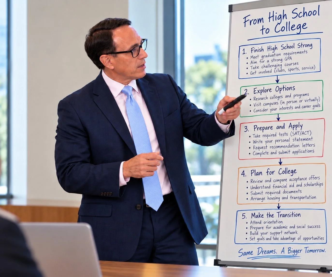 Dr. Pedro Cevallos walking through a college planning roadmap at a whiteboard, from high school to college