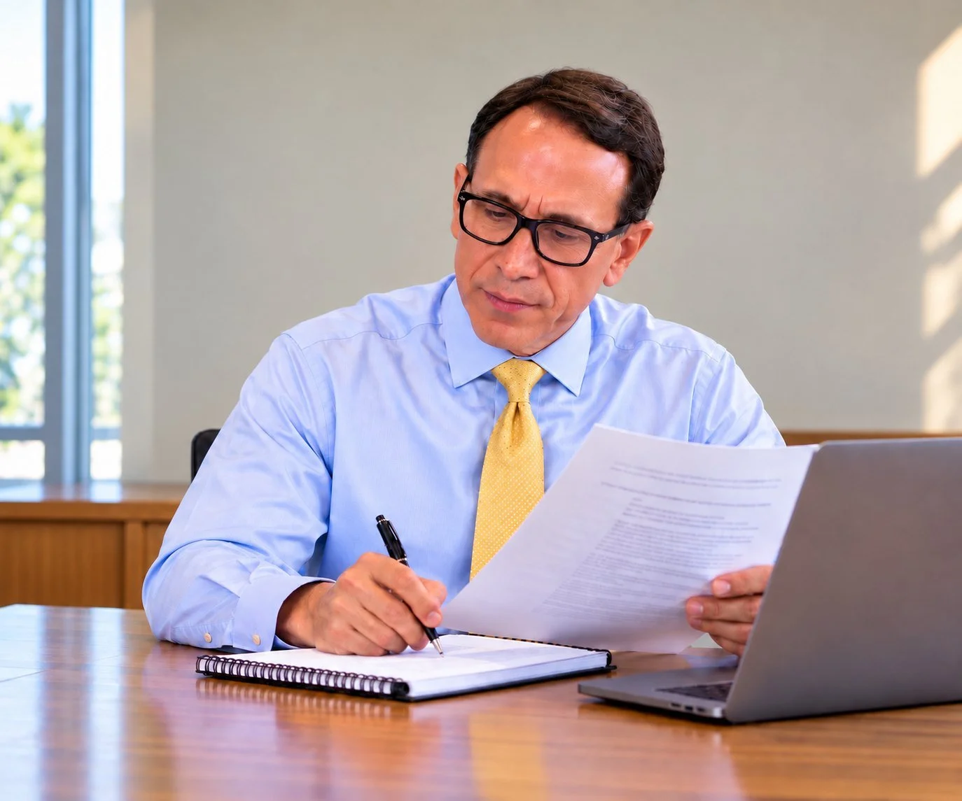 El Dr. Pedro Cevallos revisando documentos del IEP y tomando notas en su escritorio