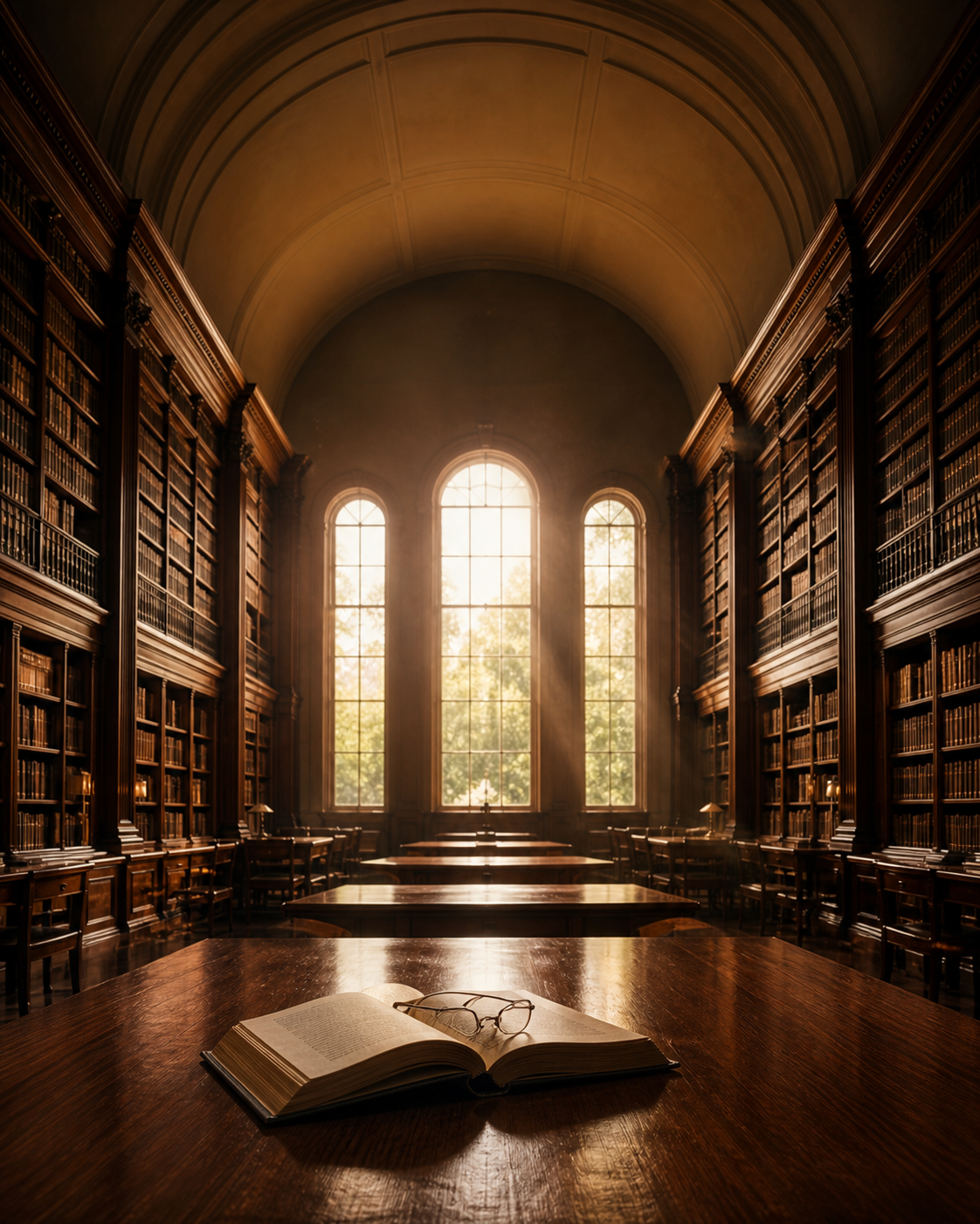 Interior of an ornate library with tall wooden bookshelves reaching the ceiling, large arched windows letting in sunlight, and wooden tables with chairs, an open book and reading glasses on the foreground table.