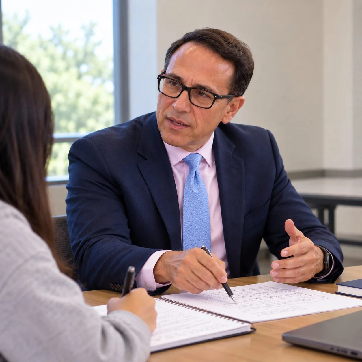 Dr. Pedro Cevallos reviewing a graduate student's written draft with her at a table