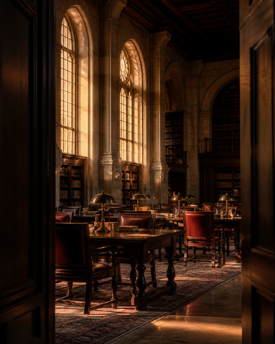 An elegant library room with tall arched windows letting in warm sunlight. Wooden bookshelves filled with books line the walls. Antique desks with green-shaded desk lamps and leather chairs are arranged on ornate rugs.