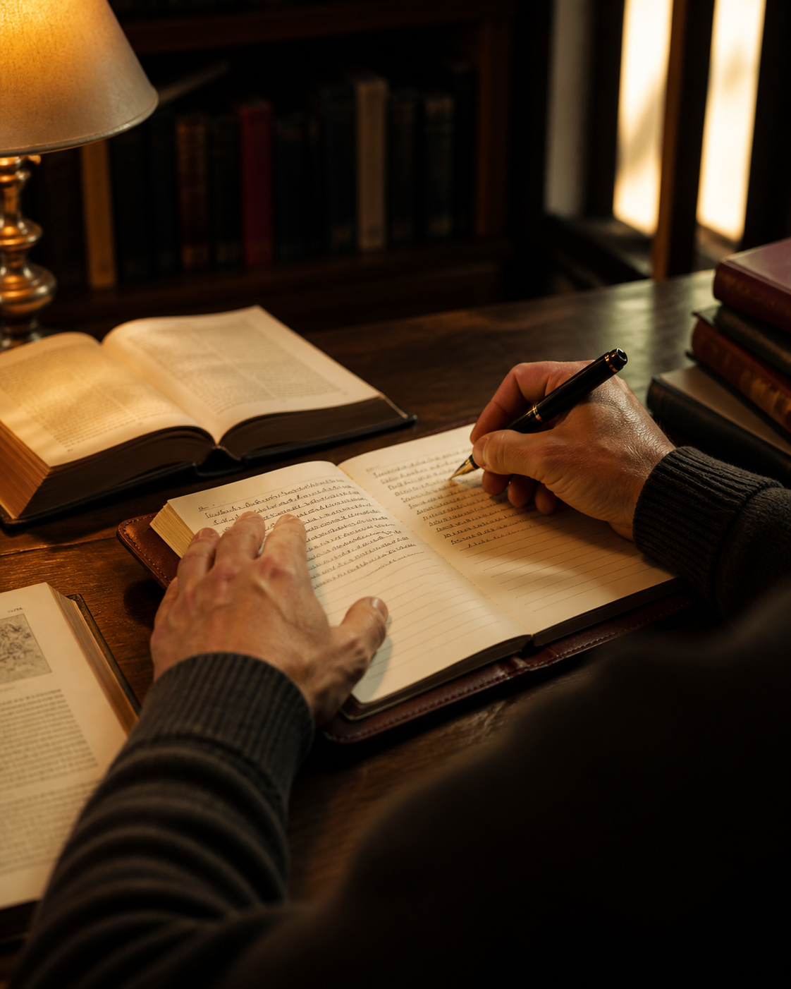 Person writing in a notebook with open books and a lamp on a wooden desk.