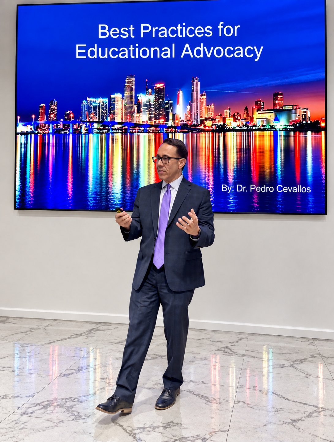 Dr. Pedro Cevallos presenting a talk on educational advocacy in front of a projected Miami skyline