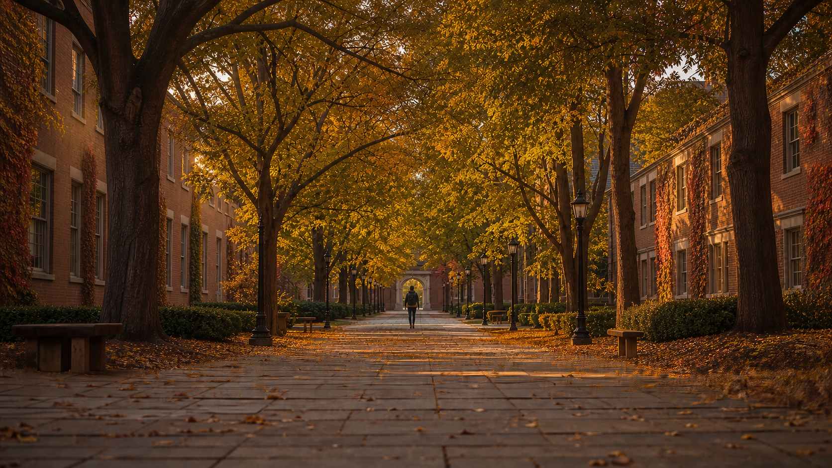 A person walking down a tree-lined brick pathway in autumn, surrounded by brick buildings and street lamps, with leaves on the ground and trees in fall foliage.