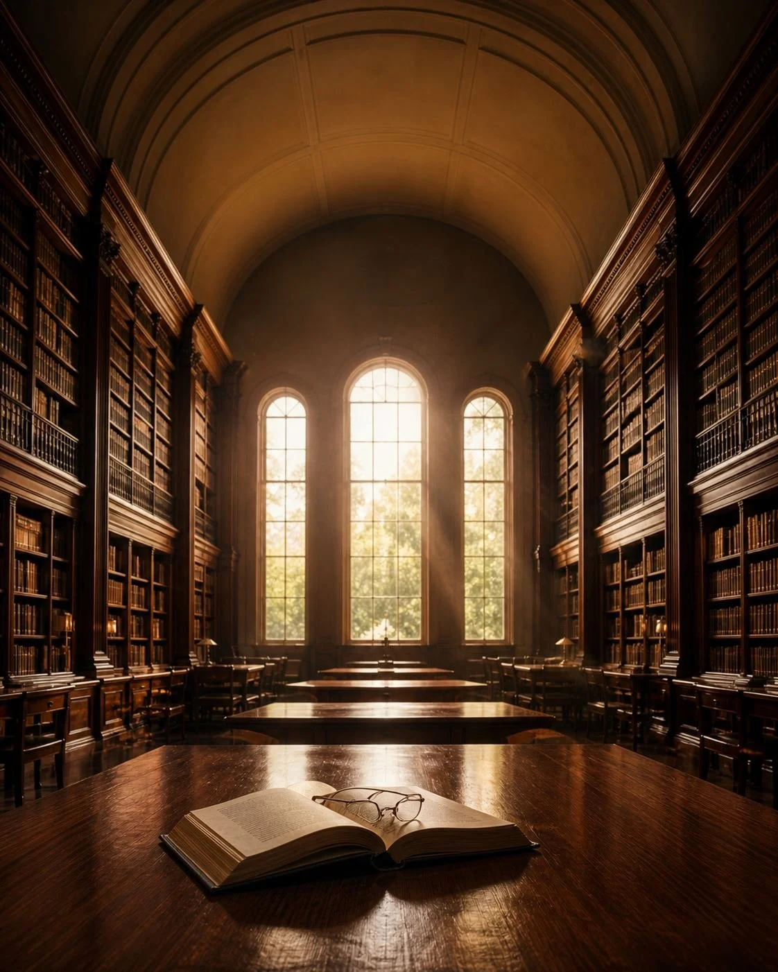 Long library reading room with an open book on a wooden table