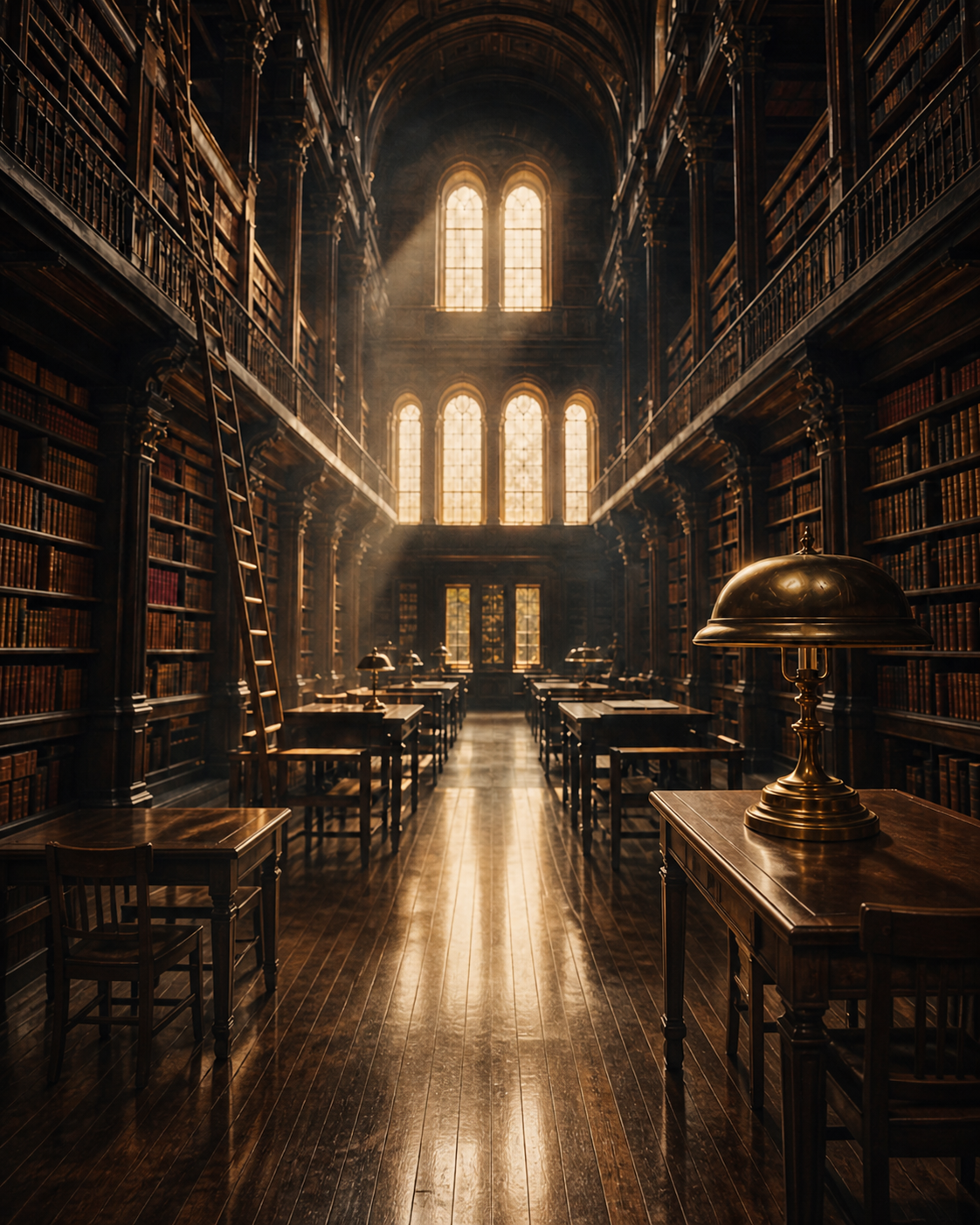 Sunlight streams through tall stained glass windows illuminating a grand, historic library with multiple levels of wooden bookshelves, desks, and a ladder leaning against the shelves.