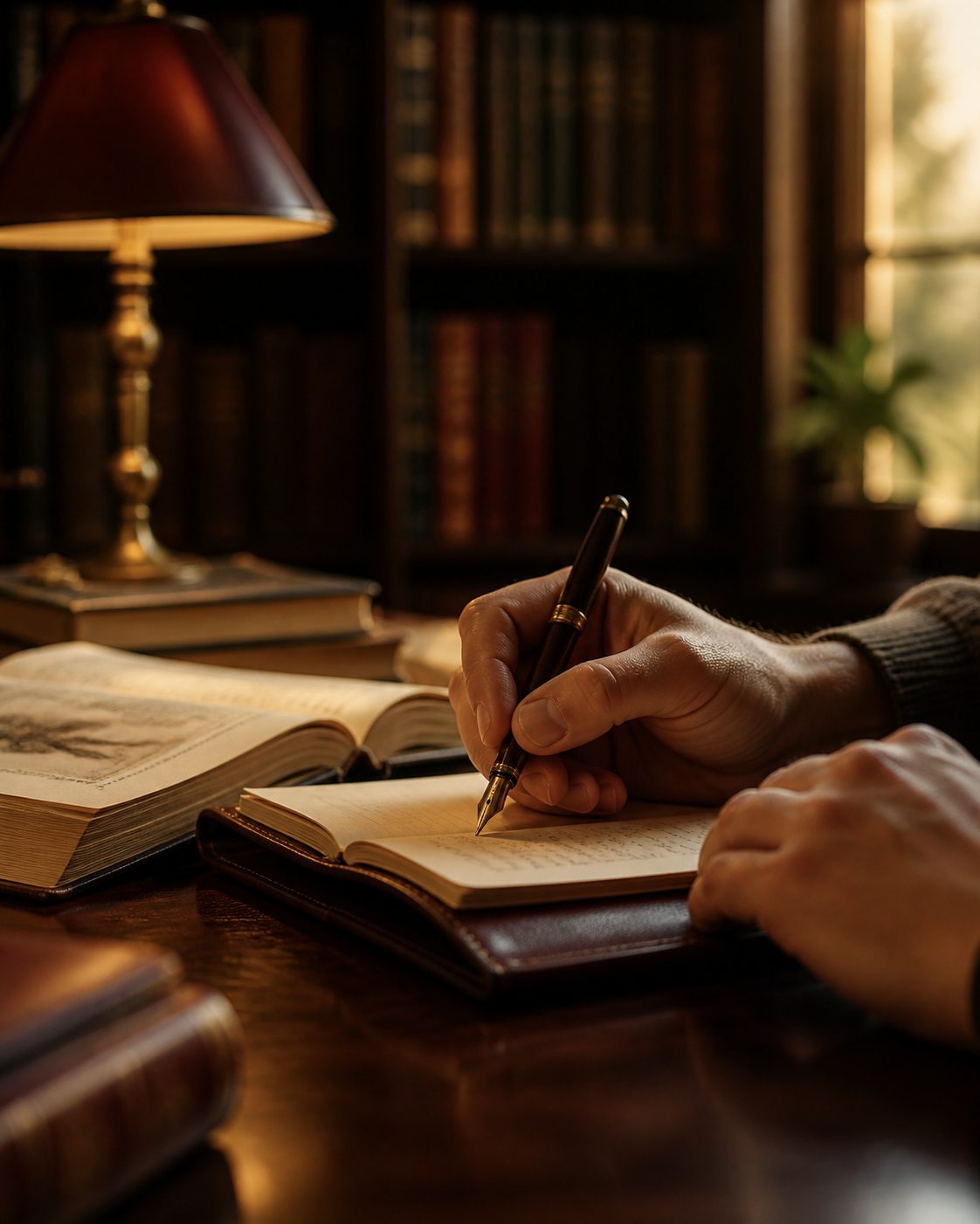 Person writing in a notebook at a wooden desk in a library with bookshelves, a table lamp, and a potted plant.