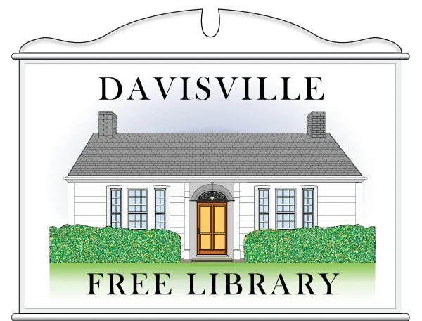 Davisville Free Library logo. Drawing of a white building with green bushes and welcoming entry.