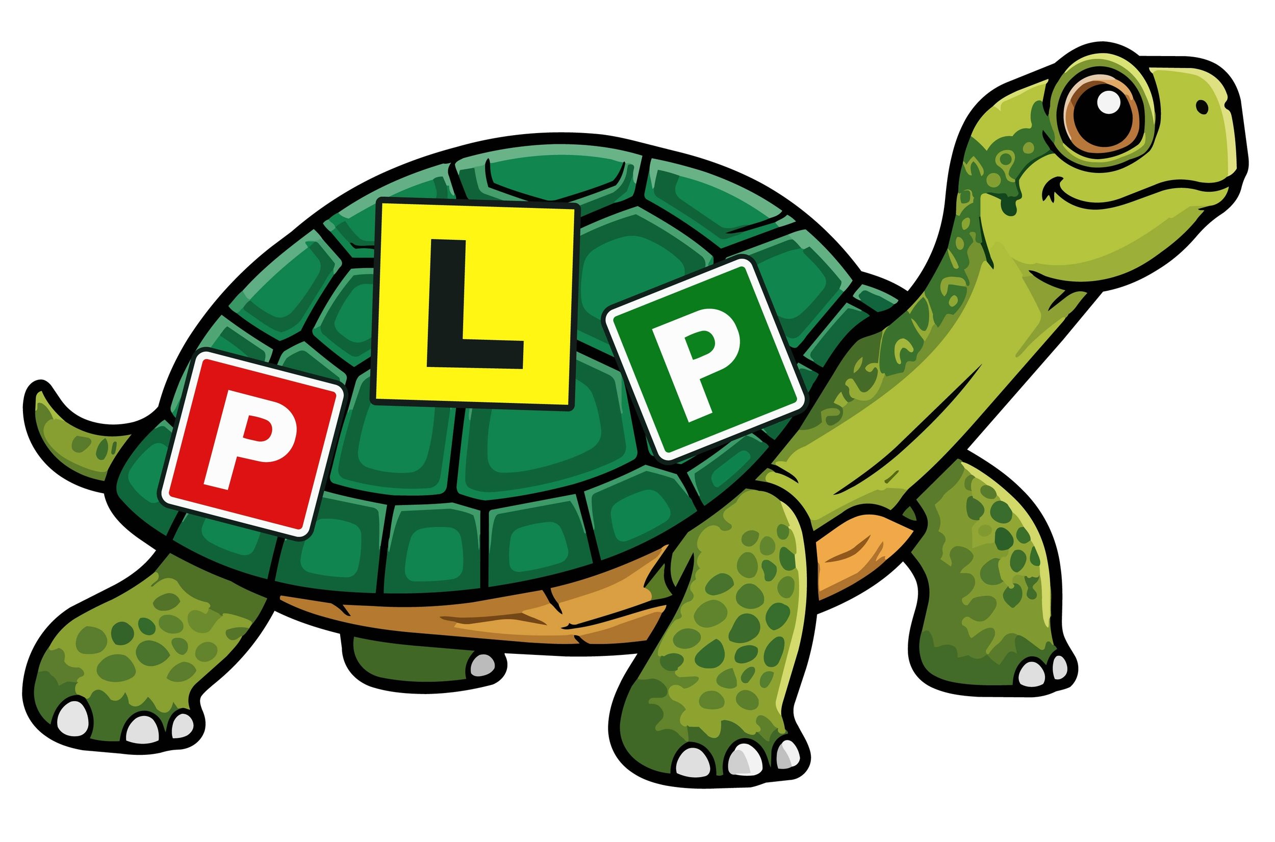 Off and Racing Driving School Bunbury. Cartoon illustration of a smiling turtle with the letters L, P, and P on its shell in colorful blocks.
