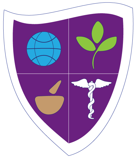 A shield-shaped emblem divided into four quadrants. Top left has a blue globe icon, top right has a green plant sprout, bottom left has a mortar and pestle, and bottom right has a caduceus with wings.