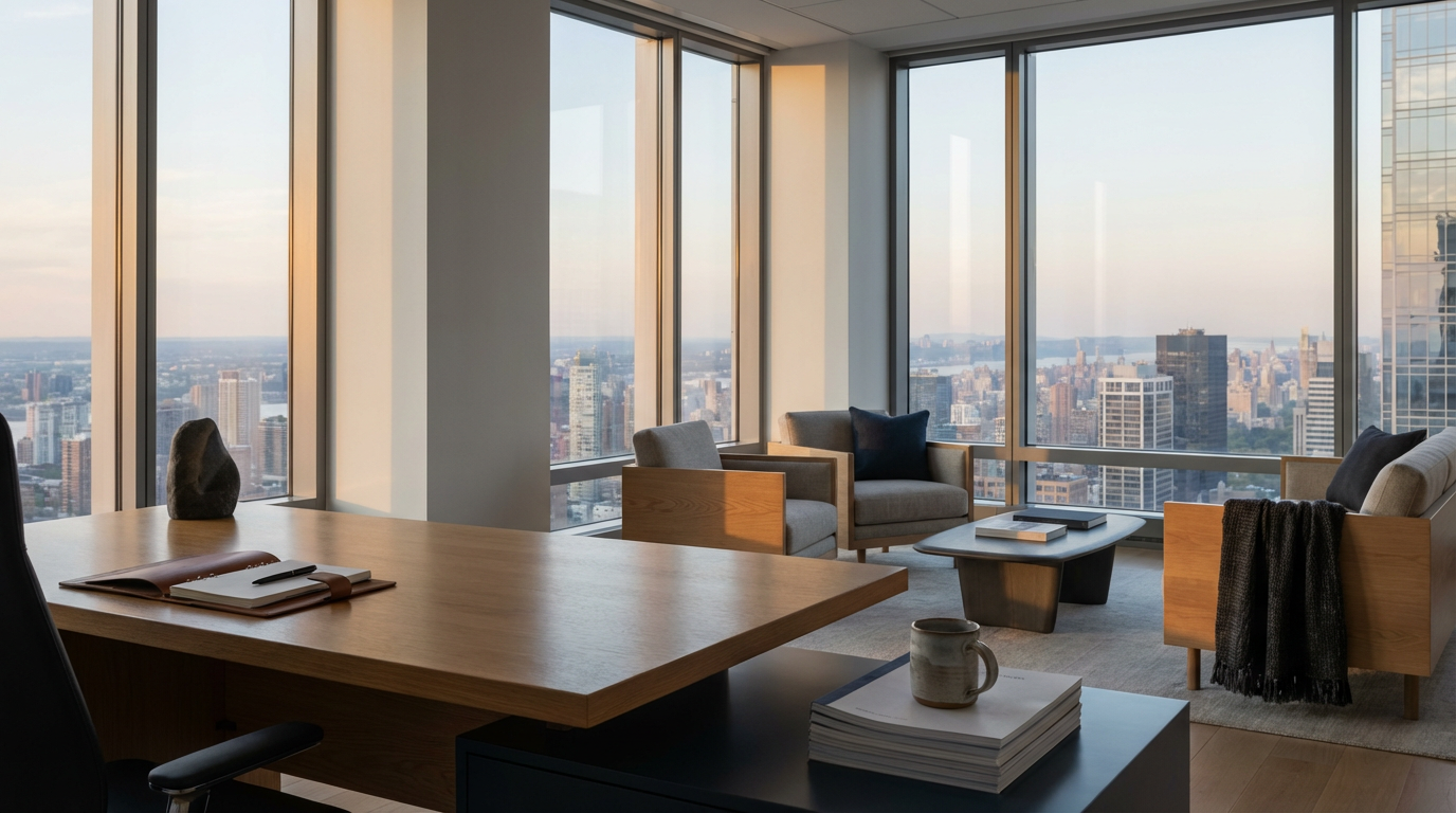 Office with large windows showing a city skyline, a wooden desk with a notebook and a pen, chairs with cushions and a coffee table with books, a mug, and a cozy blanket.
