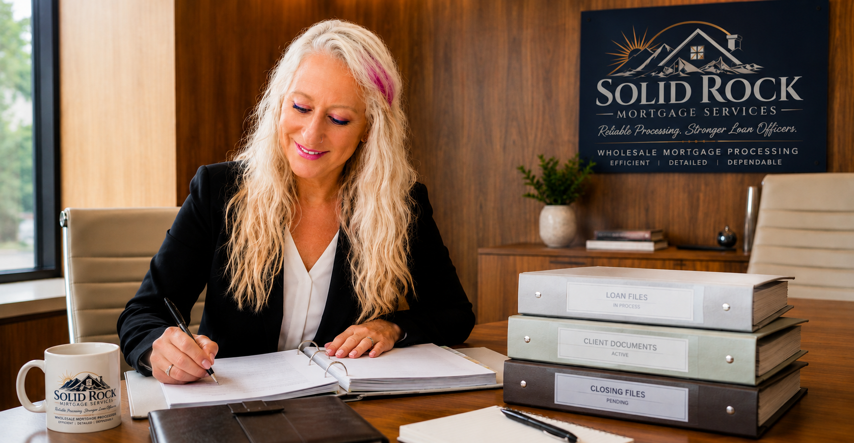 A woman in a black blazer writing in a notebook at a desk in an office, with folders labeled 'Loan Files,' 'Client Documents,' and 'Closing Files' stacked on the desk. A mug with the Solid Rock Mortgage Services logo, a plant, books, and a sign for Solid Rock Mortgage Services are visible in the background.