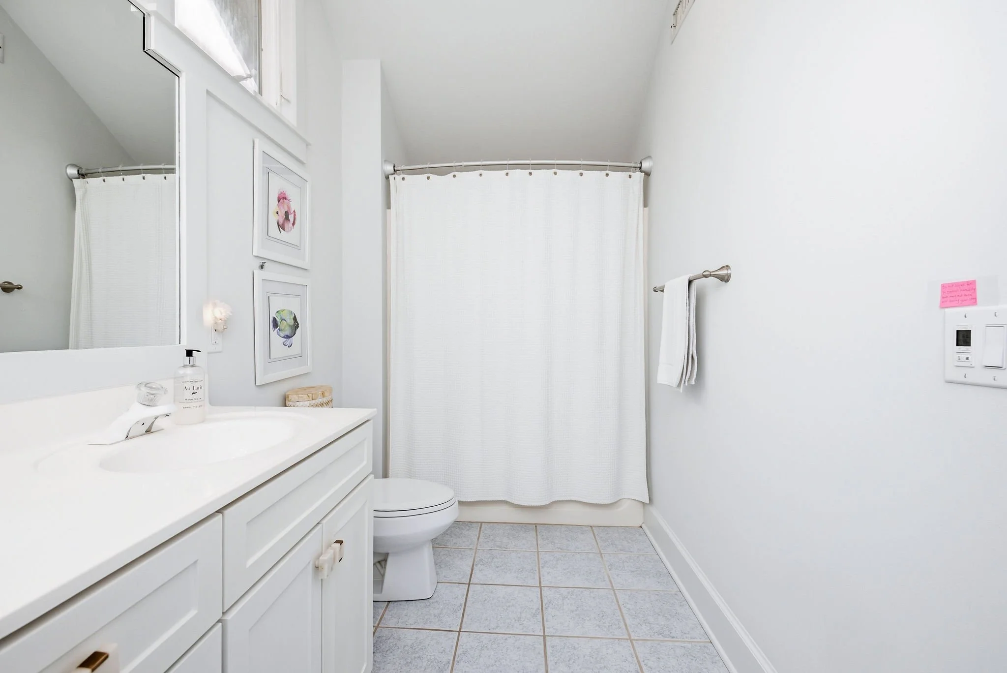 A small, bright bathroom with white walls, white cabinetry, and a white shower curtain. There are two framed fish illustrations on the wall, a towel on a metal towel rod, a soap dispenser on the sink, and a toilet next to the bathroom vanity.