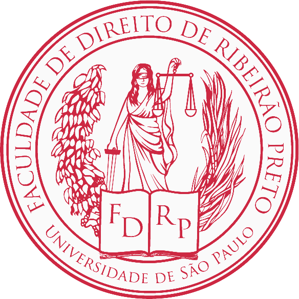 Logotipo da Faculdade de Direito de Rubião Petróleo, Universidade de São Paulo, com figura de senhora segurando uma balança e uma espada, entre folhas e um livro aberto.