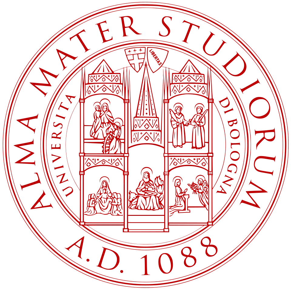Selo preto e vermelho da Universidade Awal Maters University, com símbolos e figuras em destaque.
