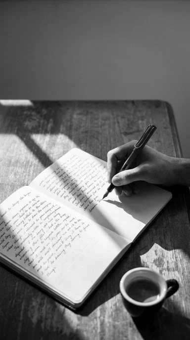 Pessoa escrevendo em um caderno com uma caneta, ao lado de uma xícara de café em uma mesa de madeira