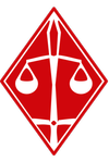 Logotipo com símbolo de balanças de justiça, em fundo vermelho e detalhes brancos.