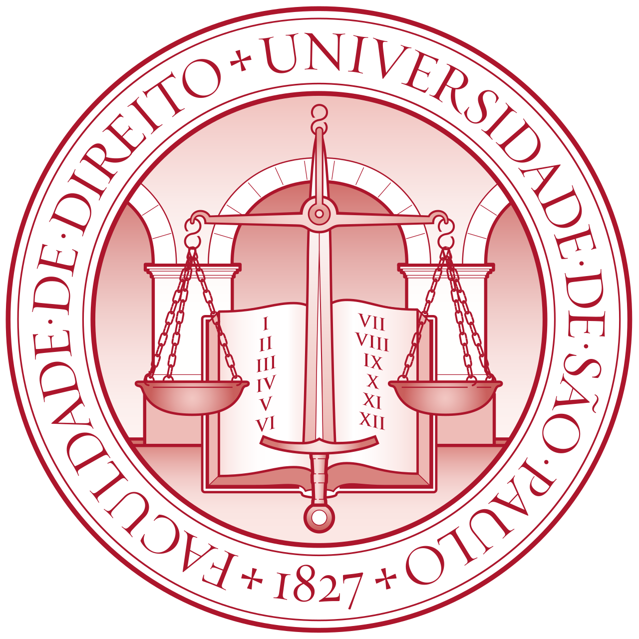 Emblema do Departamento de Direito da Universidade de São Paulo, com balança, espada, livros e números romanos.