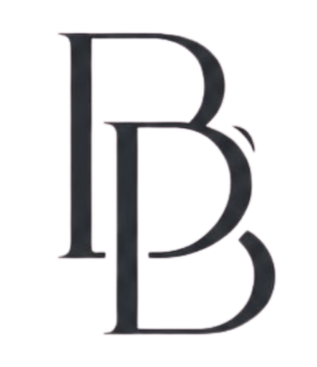 Logotipo com as letras D e B sobrepostas em cores preto, vermelho e roxo.