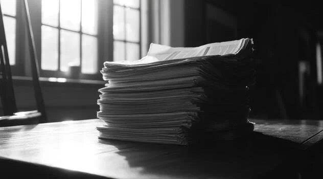 Pilhas de documentos ou papéis empilhados sobre uma mesa, com uma janela ao fundo
