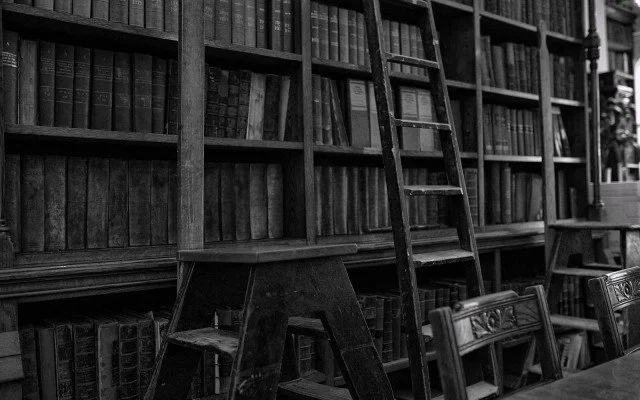 Prateleiras de madeira cheias de livros em uma biblioteca antiga com escada para acesso às estantes.