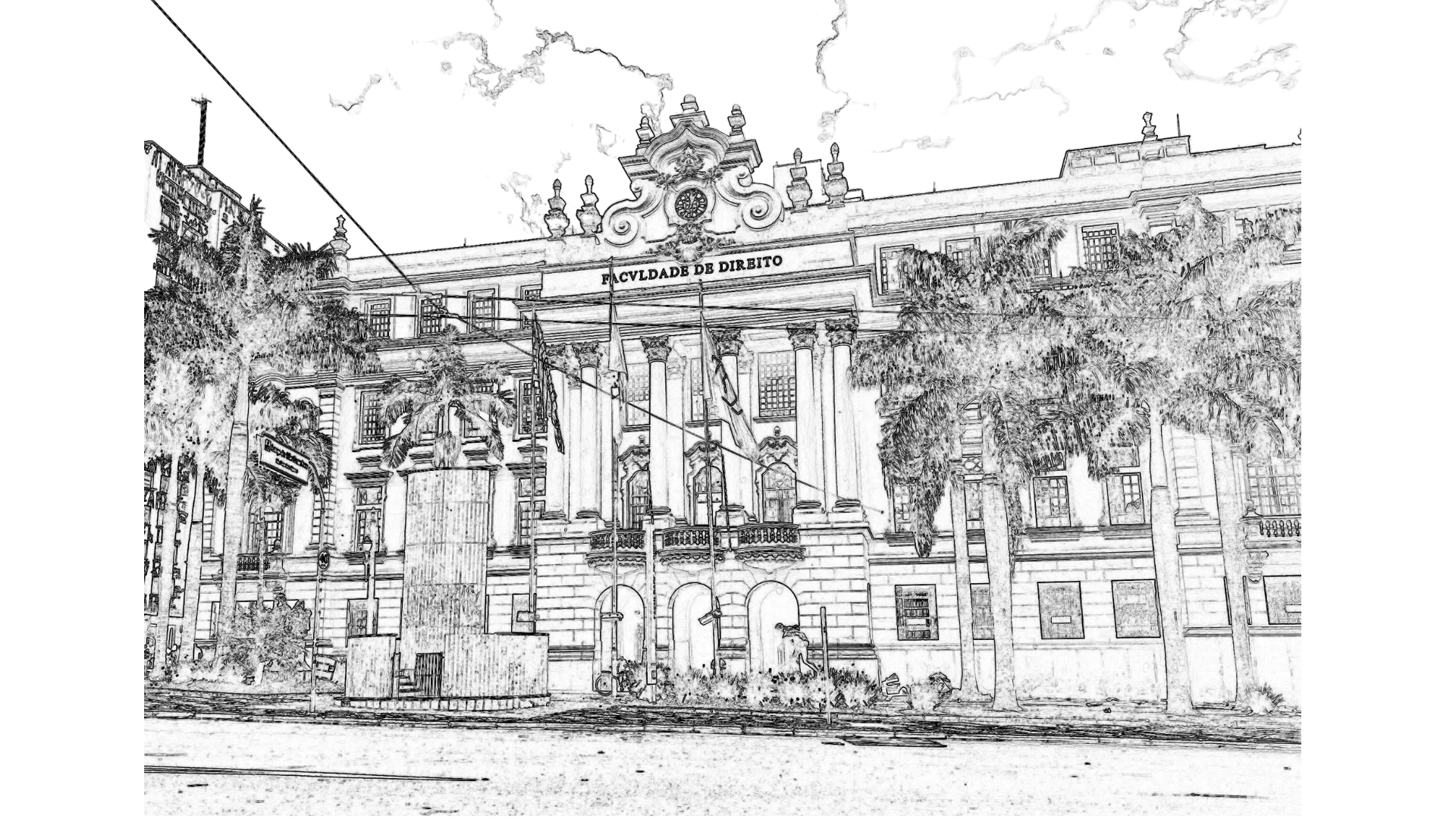 Edifício da Faculdade de Direito, com colunas clássicas, árvores na frente, uma estátua no centro da praça e bandeiras em frente à entrada.