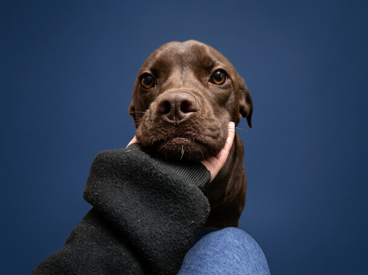 Person holding a brown dog against a blue background.