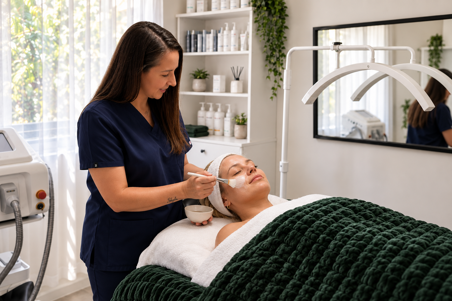 A woman receiving a facial treatment in a  skincare clinic, with a skincare professional applying a facial mask or cream