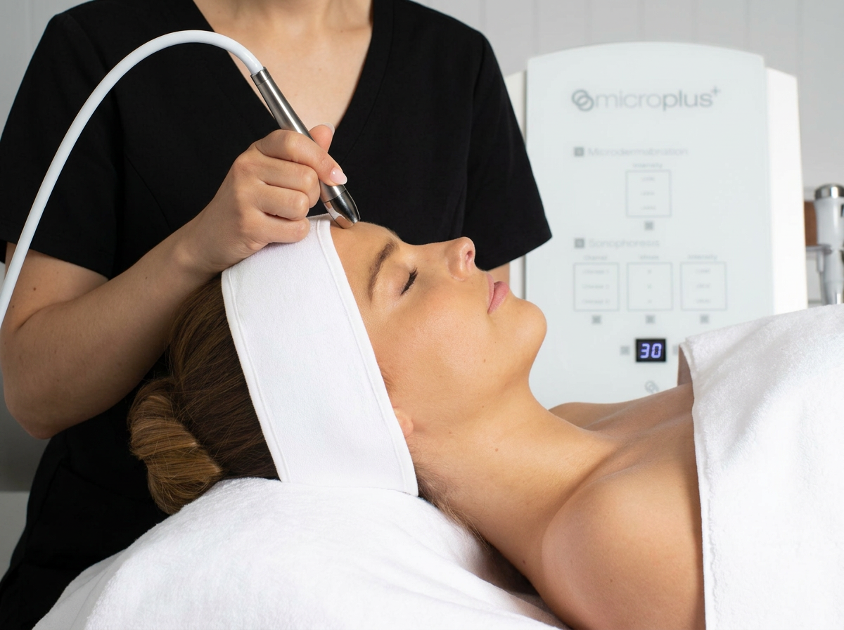 A woman receives a facial treatment with a handheld device from a practitioner in a clinic setting.