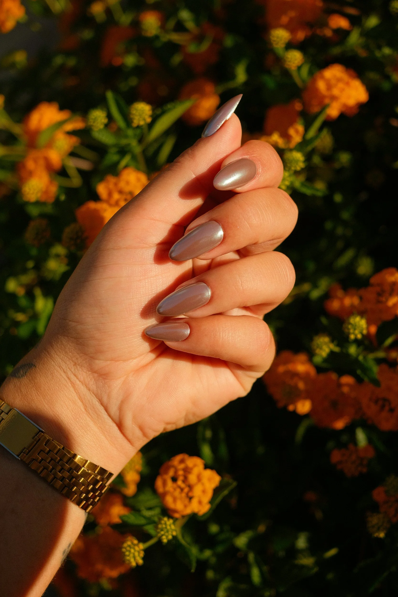 A close-up of a person's hand with long, almond-shaped, metallic silver nails, holding a small branch of orange flowers with yellow centers against a blurred background of orange flowers and green foliage.