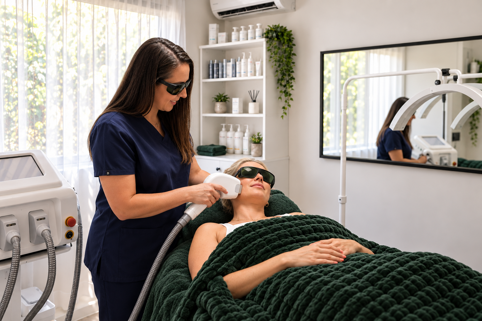 A woman receiving a laser skin treatment from a technician in a clinic room, both wearing protective goggles, with skincare products on a shelf in the background.