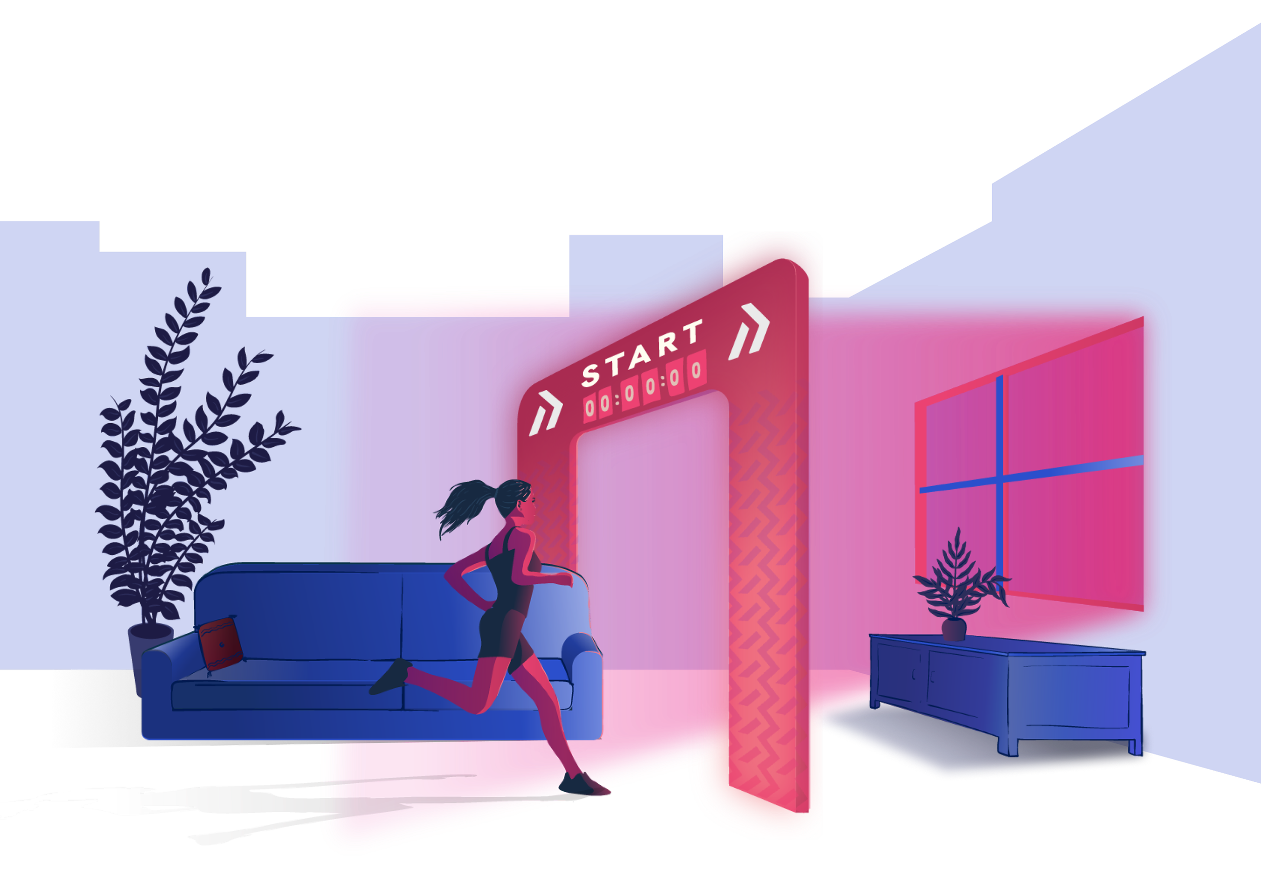An illustration of a woman running in a colorful, modern living room. The room features a blue couch with a red pillow, houseplants, a TV stand, and a gaming console. A neon sign with the word 'START' and a timer is mounted on the wall.